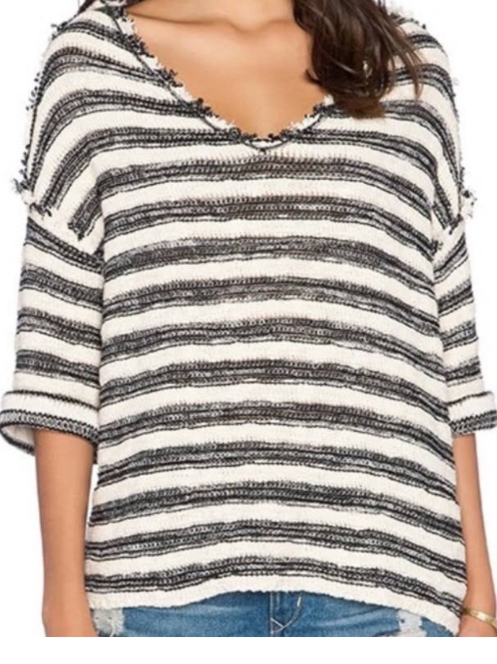 Free People Black & White Striped V-Neck Knit Top